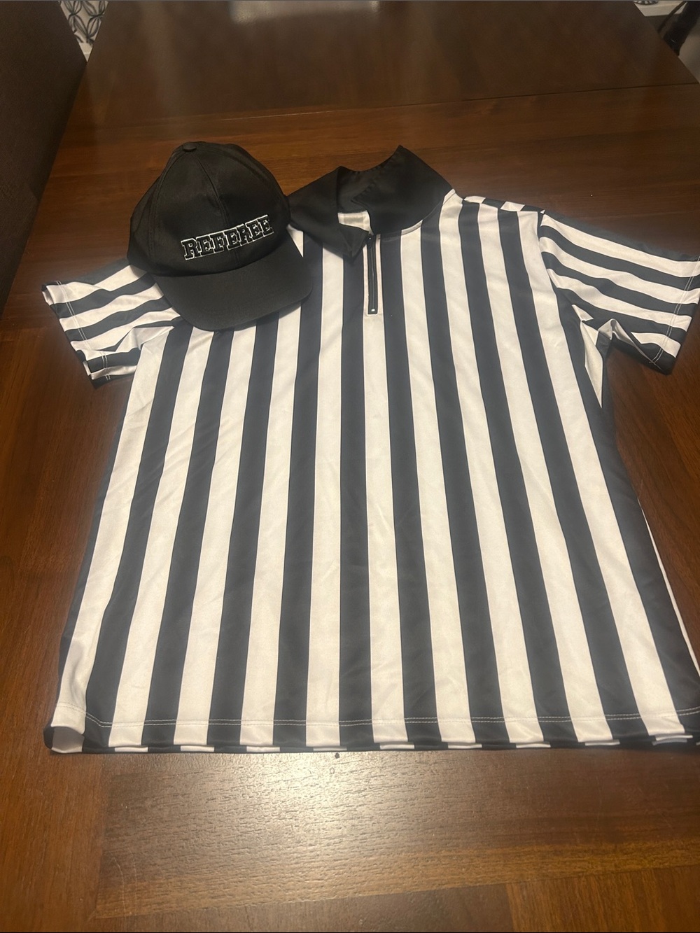 Menโs Halloween Referee Costume- Striped Shirt and Cap Included